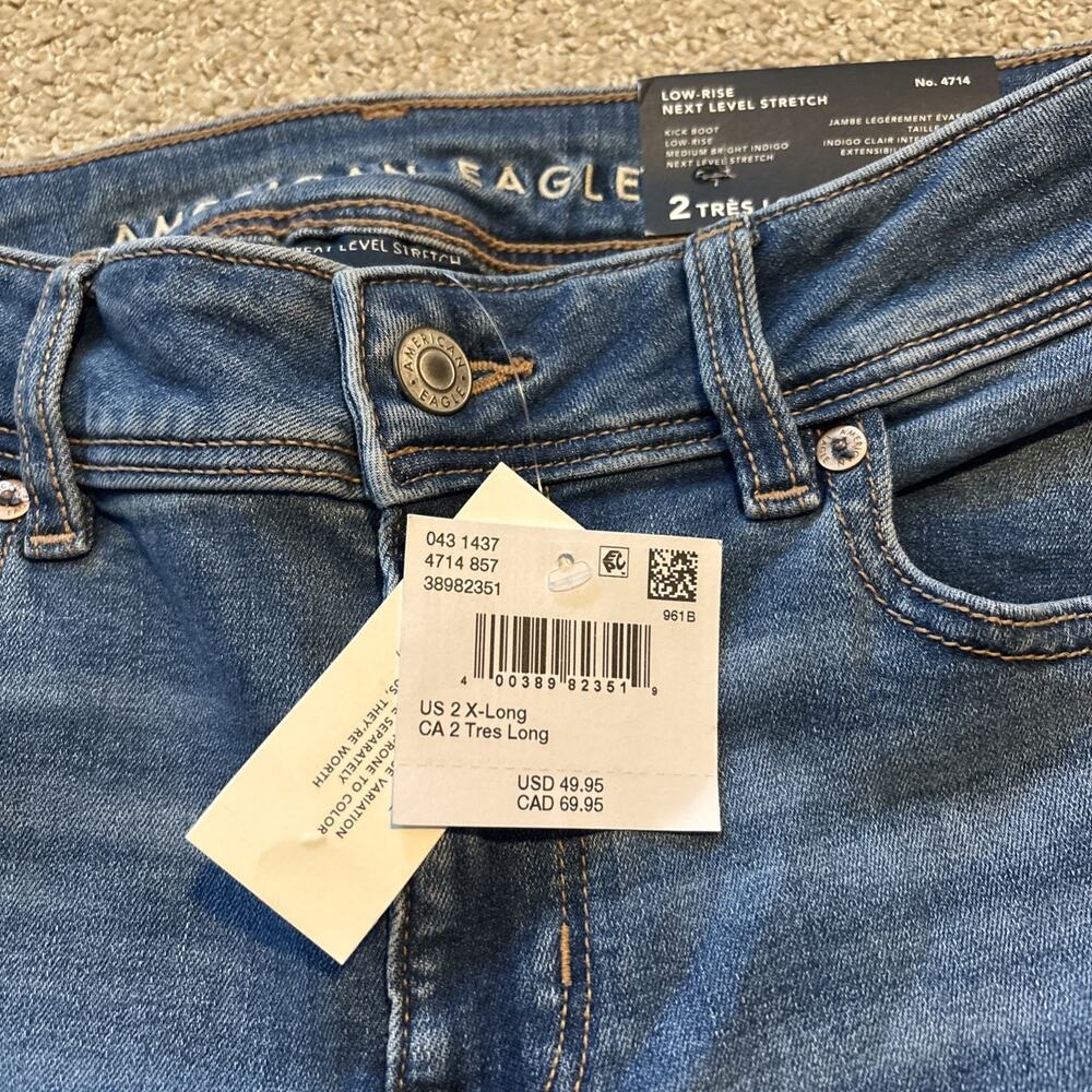 American Eagle Blue Kick Boot Low-Rise Next Level Stretch Jeans Sz 26 X-Long - Picture 3 of 10